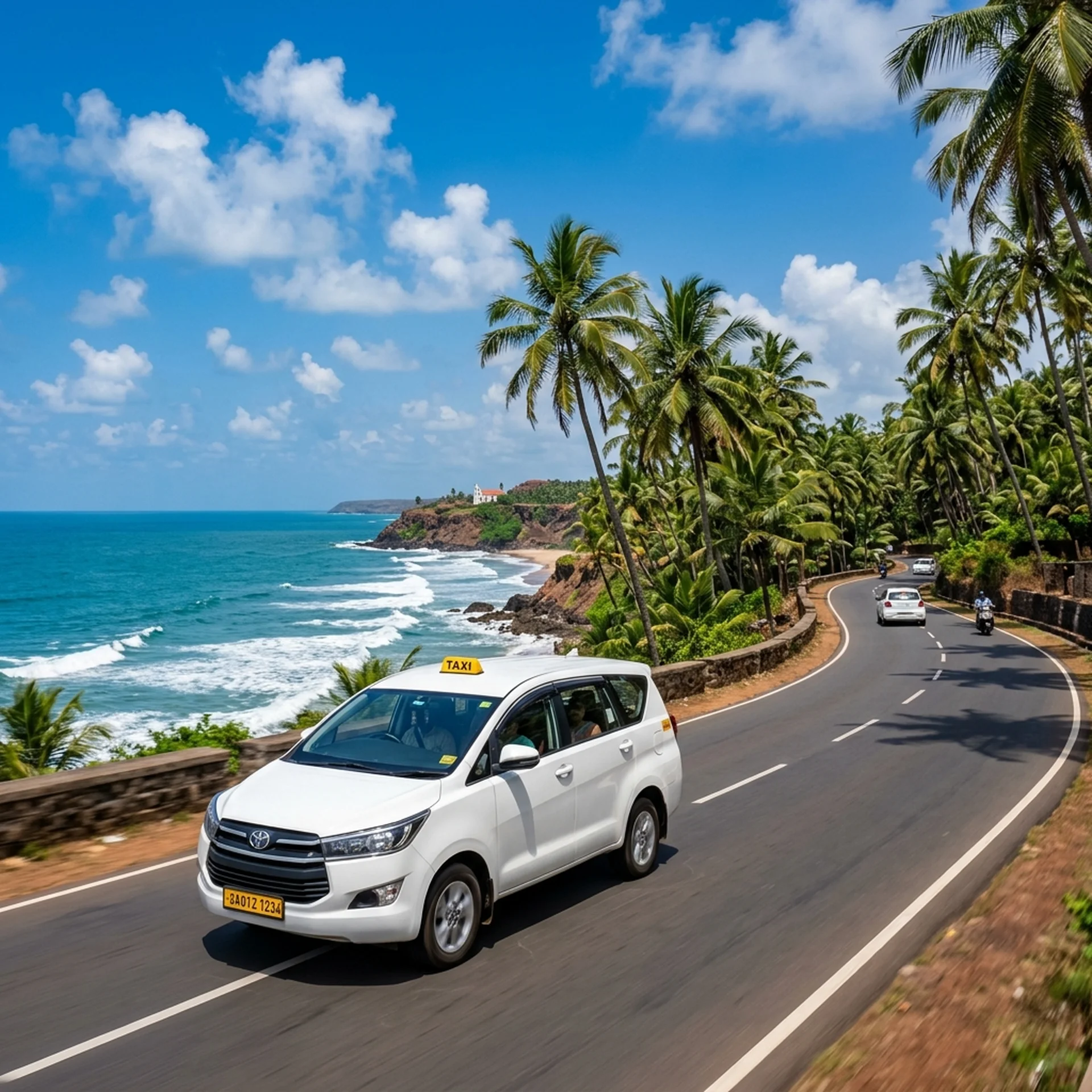 Taxi Service in Goa driving on a coastal road for airport drop